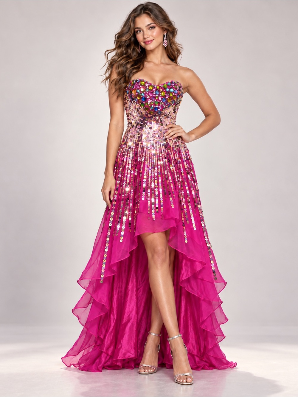 Sherri Hill Fuchsia Strapless Sequin High-Low Gown